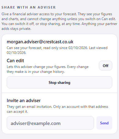 The Share with an adviser section of CrestCast Settings. The hint reads: Give a financial adviser access to your forecast. They see your figures and charts, and cannot change anything unless you switch on Can edit. You can switch it off, or stop sharing, at any time. Anything your partner adds stays private. Below it, morgan.adviser@crestcast.co.uk with the status Can see your forecast, read only since 02/10/2026. Last viewed 02/10/2026, a Can edit switch set to Off with the note Lets this adviser change your figures. Every change they make is in your change history, a Stop sharing button, and an Invite an adviser row with an email field and a Send button.