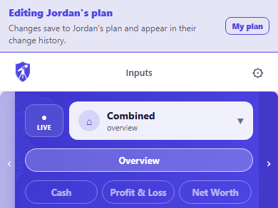 The top of the CrestCast Inputs screen with a banner reading Editing Jordan’s plan. Changes save to Jordan’s plan and appear in their change history, and a My plan button. Below it the Combined overview picker and the Overview, Cash, Profit & Loss and Net Worth tabs.