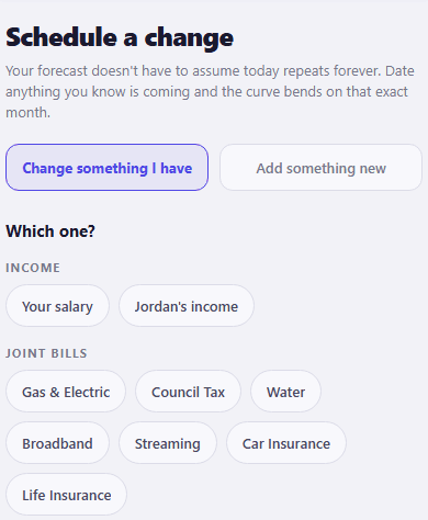The CrestCast Schedule a change screen, cropped to the choice it opens on. Under the heading and a line explaining that your forecast does not have to assume today repeats forever, a choice sits between Change something I have and Add something new, then a Which one? list of the things already entered, grouped into Income (Your salary, Jordan’s income) and Joint bills (Gas & Electric, Council Tax, Water, Broadband, Streaming, Car Insurance, Life Insurance).